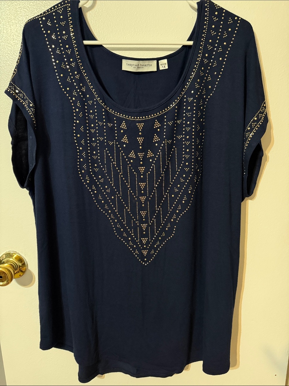 Tempted Hearts Navy Short-Sleeve Scoop Neck Top with Silver Stud Detailing